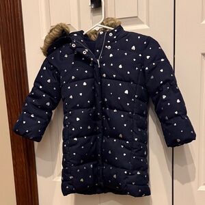 Gap Navy Heart Print Puffer Jacket - 5 year kid